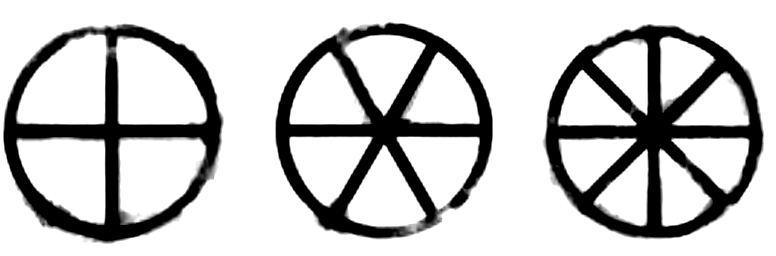 Image of example Progress Clocks with 4 segments, 5 segments, and 8 segments, respectively